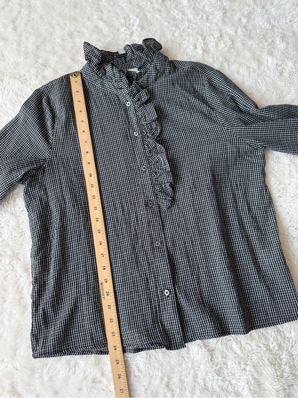 Aaron & Amber Black Light Cotton Gingham Victorian Ruffle Button Down Top LARGE - Picture 5 of 8